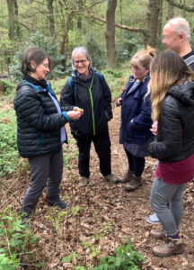 A group of people foraging in a wood. 